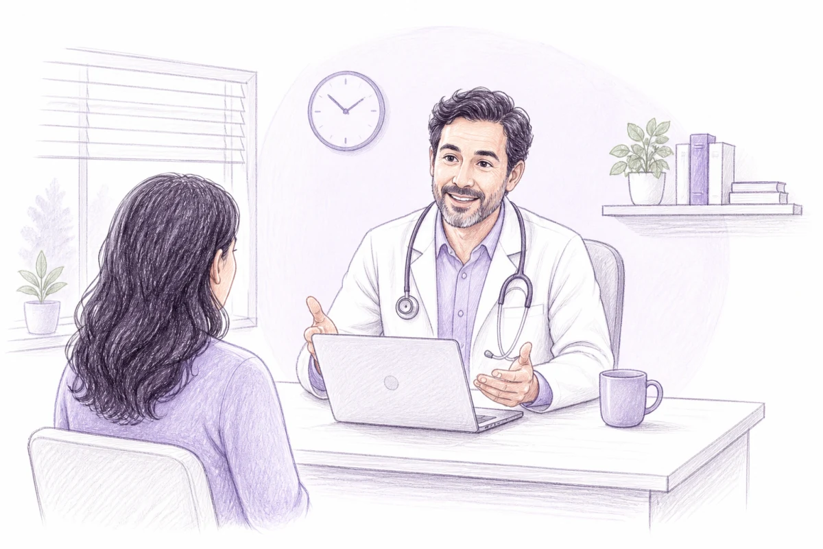 A doctor talking with a patient across a desk during an office visit