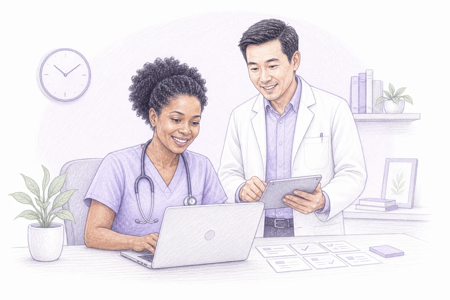 Two healthcare providers reviewing their digital practice schedule together in a bright home office