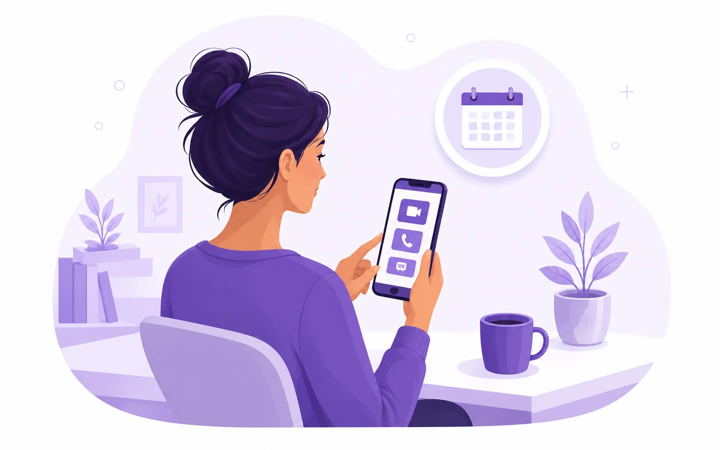 Person using a phone to review visit formats and timing options.
