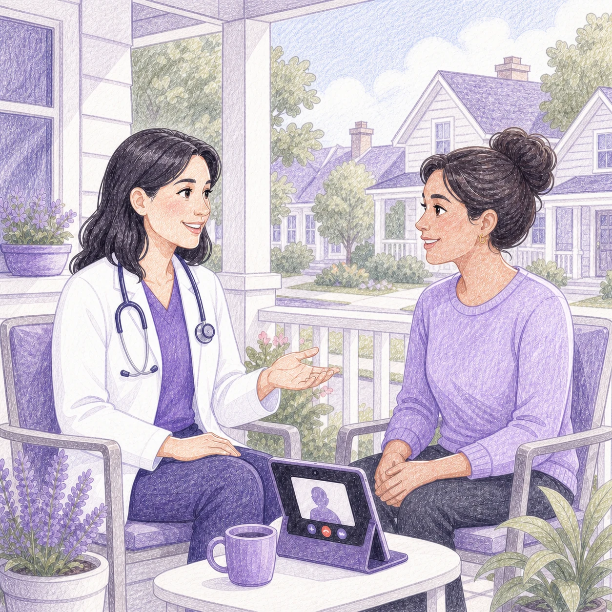 A hand-drawn illustration of a doctor and patient talking together on a neighborhood porch, with a tablet nearby for digital care