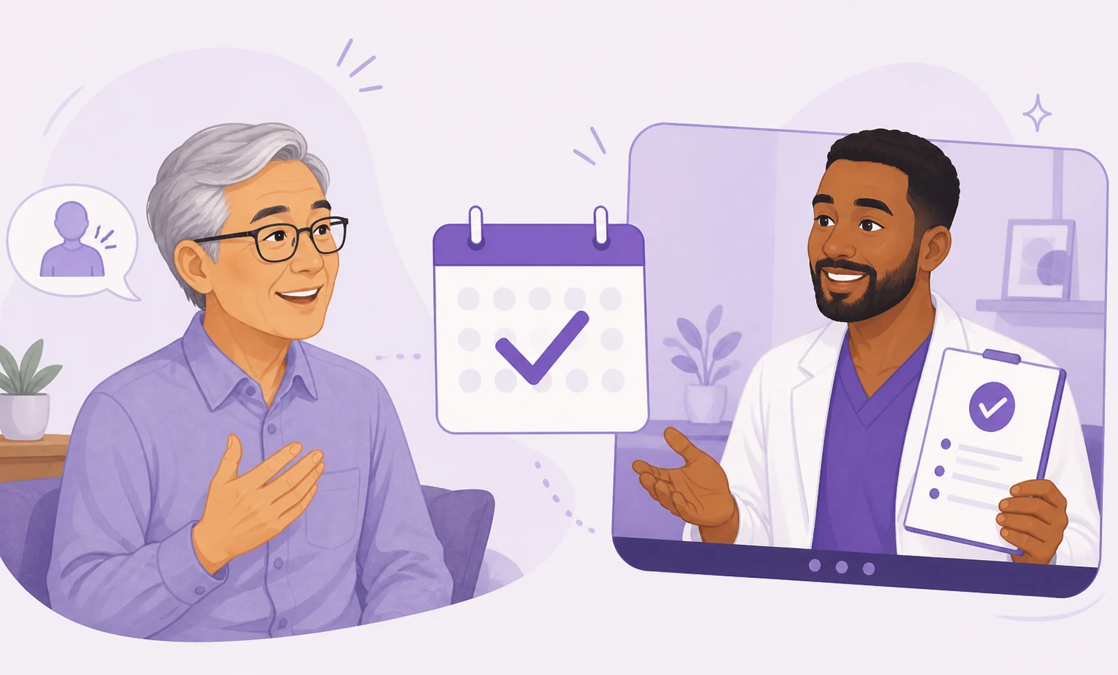 An older patient meeting with a doctor by video for one focused appointment