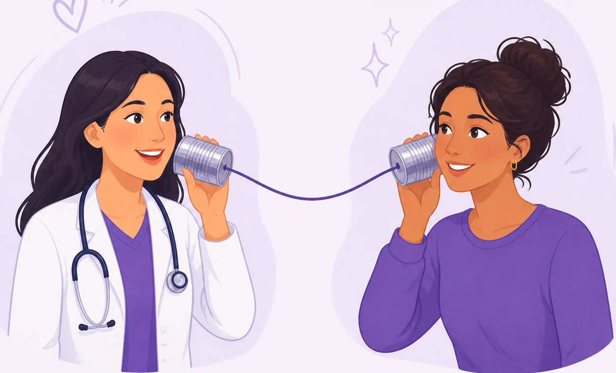 A doctor and patient speaking through tin cans connected by a string